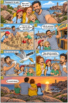 Planche d’exemple : une mouette vole la crêpe de papa