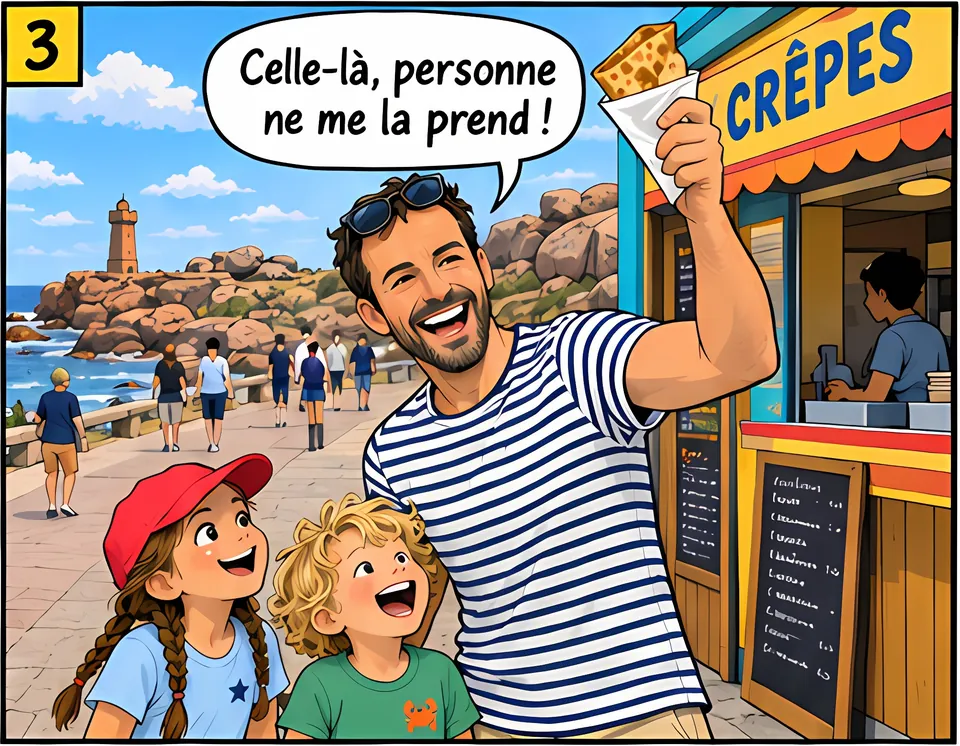 Case de bande dessinée : un papa brandit fièrement sa crêpe devant un stand, entouré de sa famille
